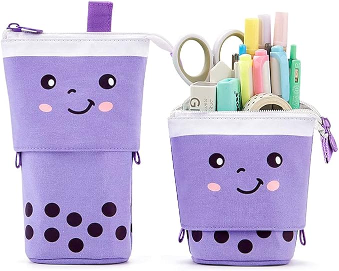Cute Standing Pencil Case Pen Holder for Kids, Pop Up Stand UP Bubble Tea Pen Organizer Kawaii Stationary for Christmas Holiday New Year Office (Purple)