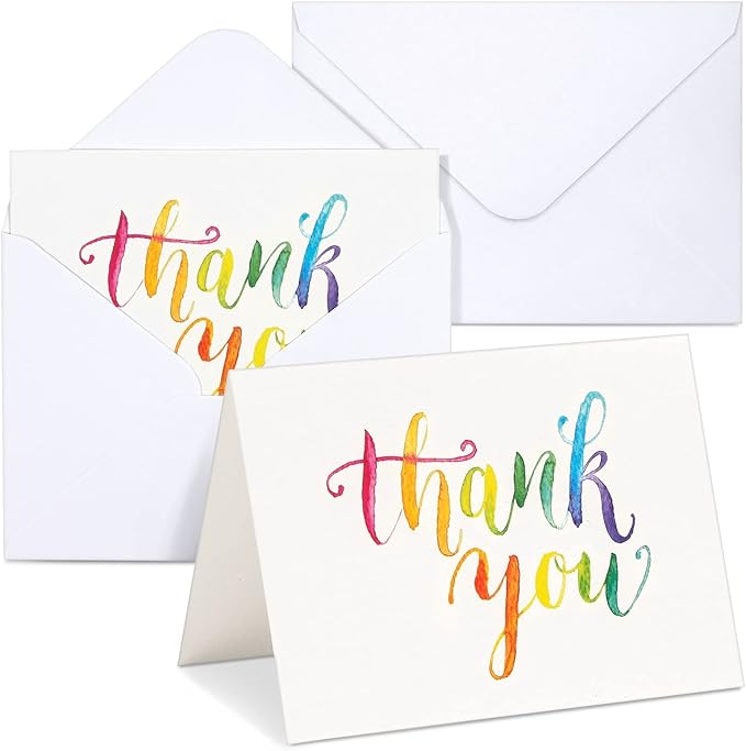 Sustainable Greetings 120 Pack Thank You Cards with Envelopes - 5 x 4-Inch Multicolor Watercolor Rainbow Font - Blank Inside - Bulk Thank You Notes Set for Weddings & Baby Showers