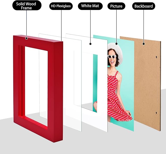 KINLINK 4x6 Frame Red, Solid Wood 4 x 6 Picture Frame with Acrylic Plexiglass for 3.5x5 with Mat, Tabletop and Wall Display Photo Frames 4x6 Red, 4 Pack