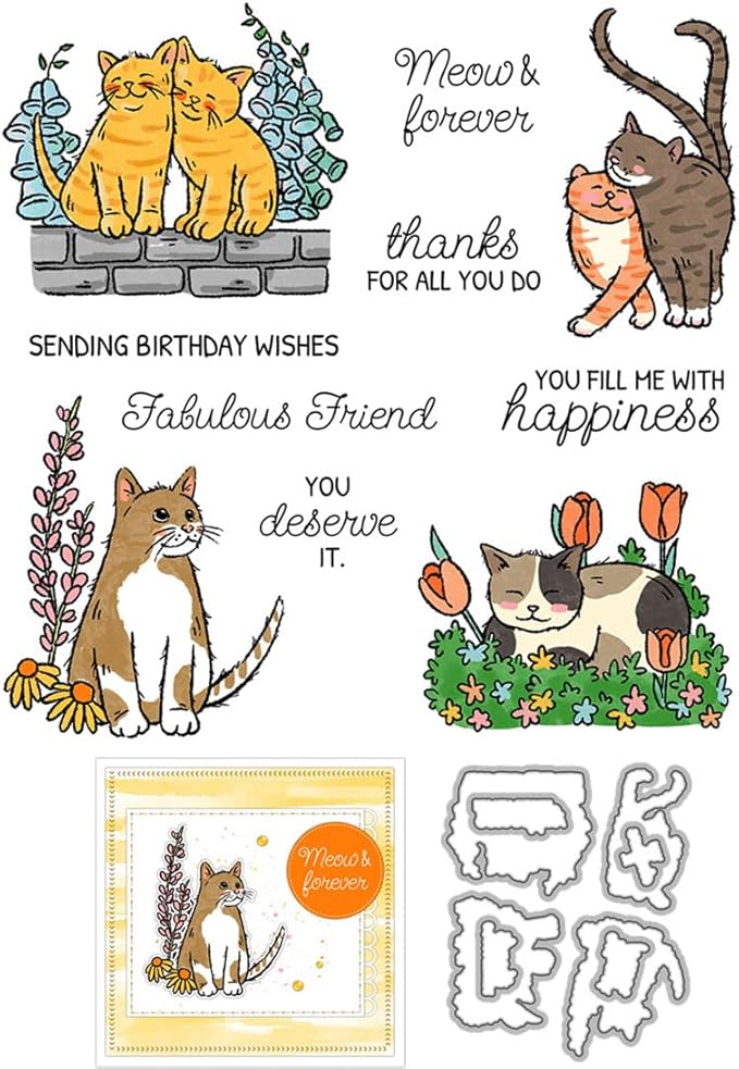 cat Pets Stamps and Cutting Dies for Card Making DIY Transparent Silicone Clear Stamp and Metal Die Cuts Sets for Scrapbooking Paper Greeting Cards Decor Seals Craft Supplies