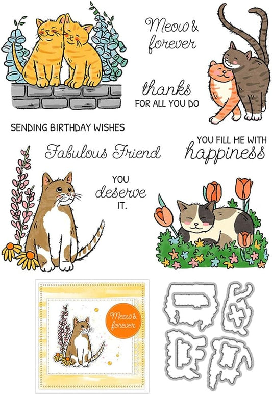 cat Pets Stamps and Cutting Dies for Card Making DIY Transparent Silicone Clear Stamp and Metal Die Cuts Sets for Scrapbooking Paper Greeting Cards Decor Seals Craft Supplies