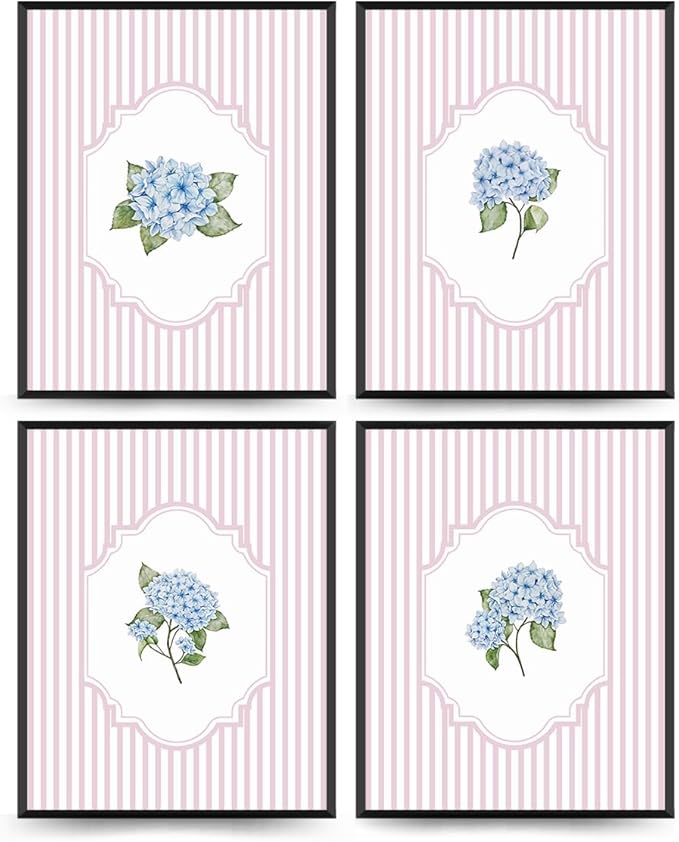 Wheatwin Hydrangea Floral Wall Art Decor, Cottagecore Hydrangea Flower Botanical Poster Prints, Pink Wall Decor for Home Bedroom Living Room 8x10 Unframed Set of 4
