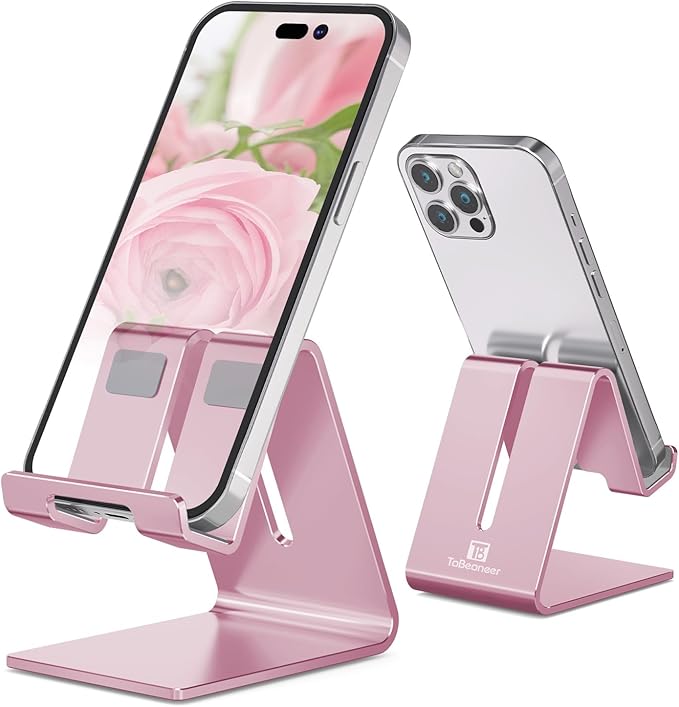 Phone Stand, Aluminum Phone Holder for iPhone 16 15 14 13 12 11 X 8 7 6 Plus 5, Samsung, Huawei, Suitable for All Smartphones, Adding a Touch of Style to Your Office Decor, Rose Gold