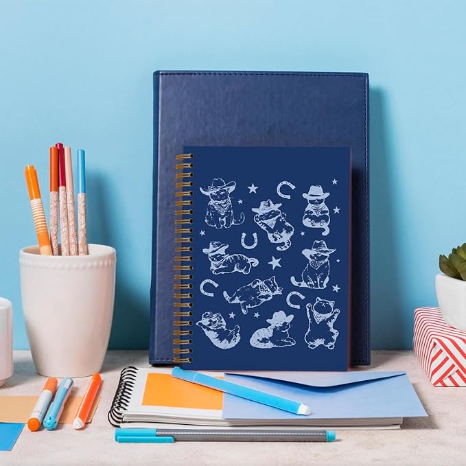 Blue Western Cat Spiral Notebook Journal, Cat Mom Lovers Owners Gifts for Women, Vintage Western Cowboy Kittens Aesthetic Notebooks Journals for Work School Note Taking, 5.5x8.3
