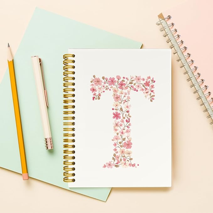 Pink Cute Spiral Notebook Journal, Preppy Floral Initial Letter T Personalized Journaling Notebooks, Monogrammed Gifts for Women Girls, Botanical Hardcover Spiral Lined Notebook 5.5 x 8.3