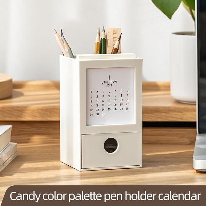 Pen Holder with 2026 Calendar,Desktop Organizer with Drawer,3-in-1 Desktop Organizer with Memo Pads,Multi-Functional Desk Organizers Office Desk Storage for School,Home,Office (WHITE)
