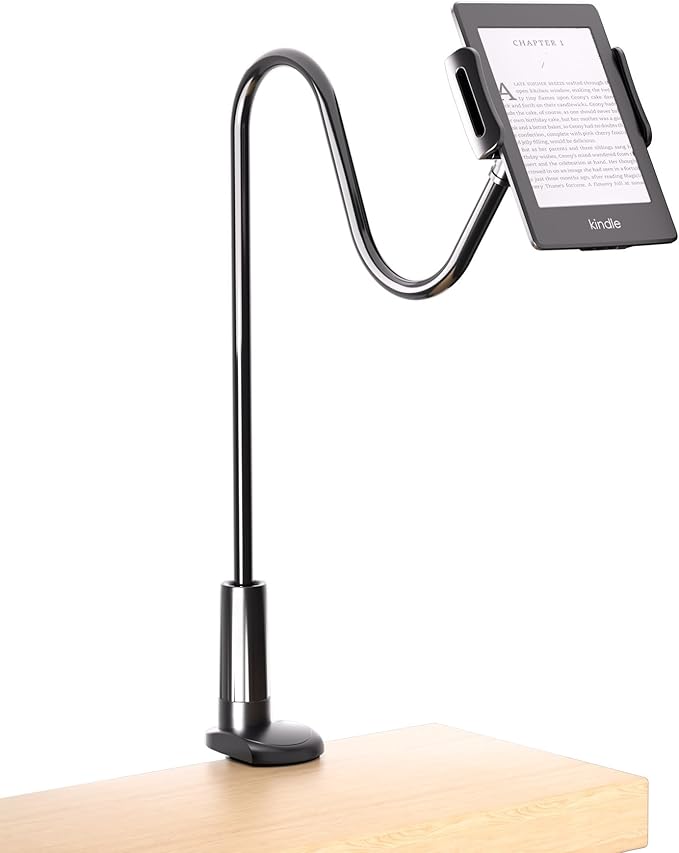 Gooseneck Holder for Kindle Reading in Bed, Hands Free Desk Bedside Lazy Arm Stand for Kindle Accessories, Compatible with iPhone iPad mini