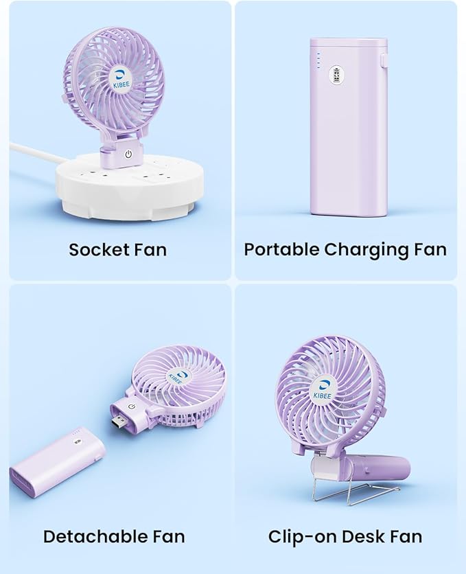 KIBEE Portable Handheld Fan - 5200mAh USB Rechargeable [20H Max Runtime] with Power Bank, Foldable 180° Mini Personal Fan, 3-Speed with Stand for Travel/Outdoor/Makeup/Concerts (Purple)