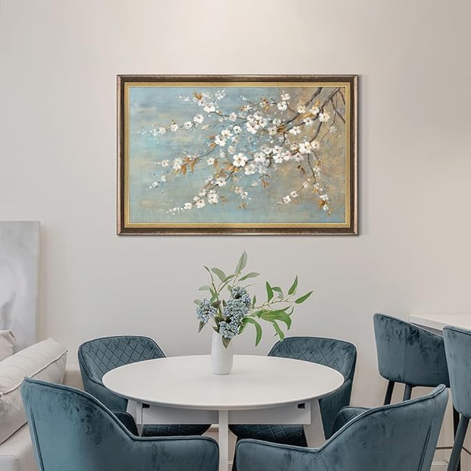 Rustic Floral Wall Art Framed: Large Rustic Flower Canvas Painting Gold Foil White Plum Tree Blossom Picture Vintage Hand-Painted Artwork for Living Room Bedroom Home Office