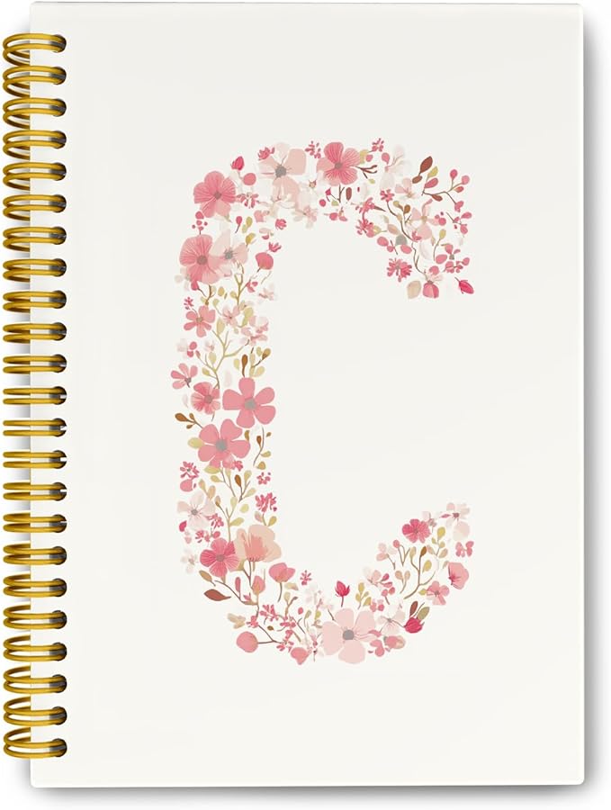 Pink Cute Spiral Notebook Journal, Preppy Floral Initial Letter C Personalized Journaling Notebooks, Monogrammed Gifts for Women Girls, Botanical Hardcover Spiral Lined Notebook 5.5 x 8.3