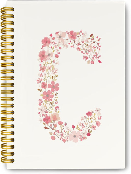 Pink Cute Spiral Notebook Journal, Preppy Floral Initial Letter C Personalized Journaling Notebooks, Monogrammed Gifts for Women Girls, Botanical Hardcover Spiral Lined Notebook 5.5 x 8.3