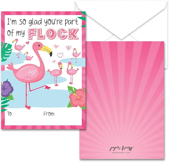 Paper Frenzy Flamingo Themed Valentines - 25 pack WITH ENVELOPES