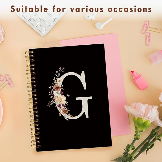 Lacama Black Initial Letter G School Notebook Journal, Cute Wildflower Personalized Spiral Notebook, School Supplies, Customized Monogrammed Gifts, Birthday Gifts for Women, Office Supplies