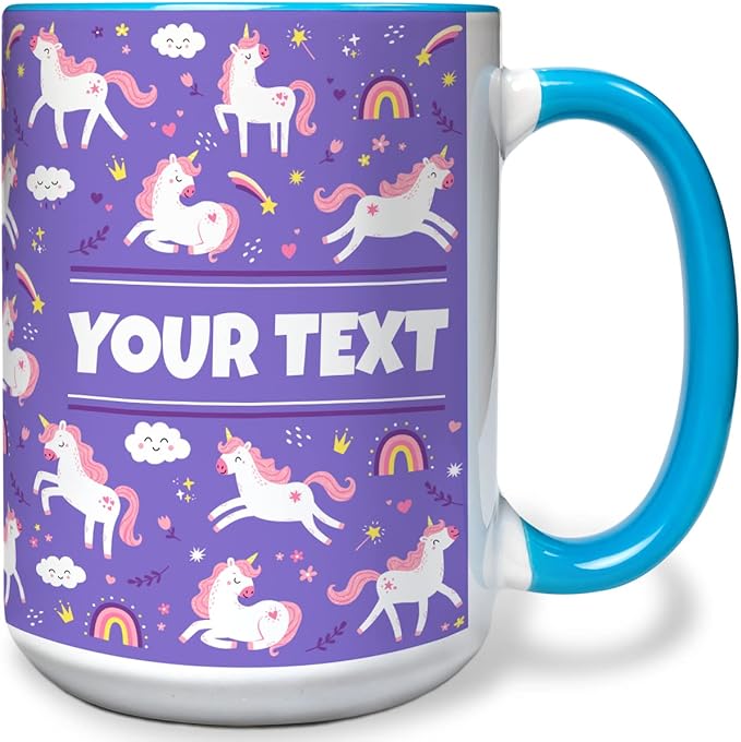 Personalized Mug for Kids - Purple Unicorn - Custom Name/Text, Ceramic Hot Chocolate/Cocoa/Coffee Cup for Girls, Birthday/Christmas/Holiday Gift - 15 oz, Pink Handle