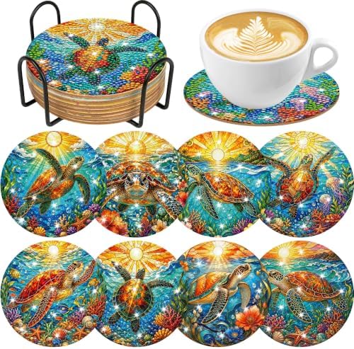 CRASHOT Sea Turtle Diamond Art Painting Coasters Kit with Holder, 8 Pcs by CRASHOT