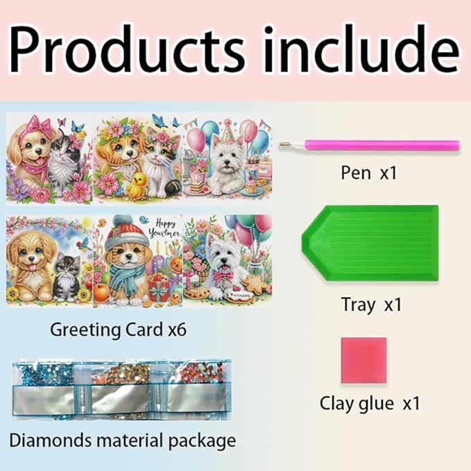 Ceitura 6Pcs DIY Playing Cat and Dog Diamond Art Painting Crafts Rhinestone Painting Greeting Card Making Kit Postcard for Holiday Christmas New Year Party Favors