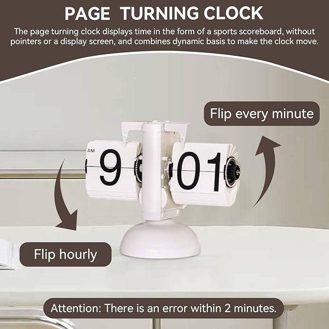 Retro Flip Clock, Vintage Design Flip Desk Clock Table Battery Powered Digital Down wіth Internal Gear Operated (White)
