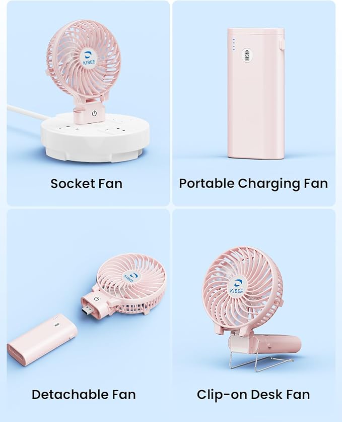 KIBEE Portable Handheld Fan - 5200mAh USB Rechargeable [20H Max Runtime] with Power Bank, Foldable 180° Mini Personal Fan, 3-Speed with Stand for Travel/Outdoor/Makeup/Concerts (Pink)