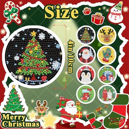 Leatrice 8 PCS Christmas Diamond Art Coasters Kits with Holder 4 in - Image 3