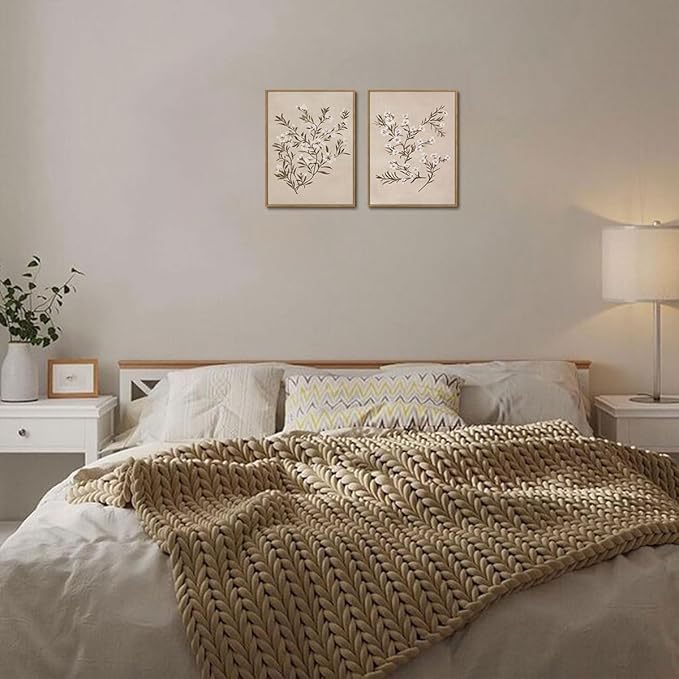 YOYIAXT 2 Pieces Vintage Botanical Canvas Wall Art For Bedroom Minimalist Floral Framed Wall Art Antique Neutral Flower Art Print Artwork For Office Living room, 12x16 in