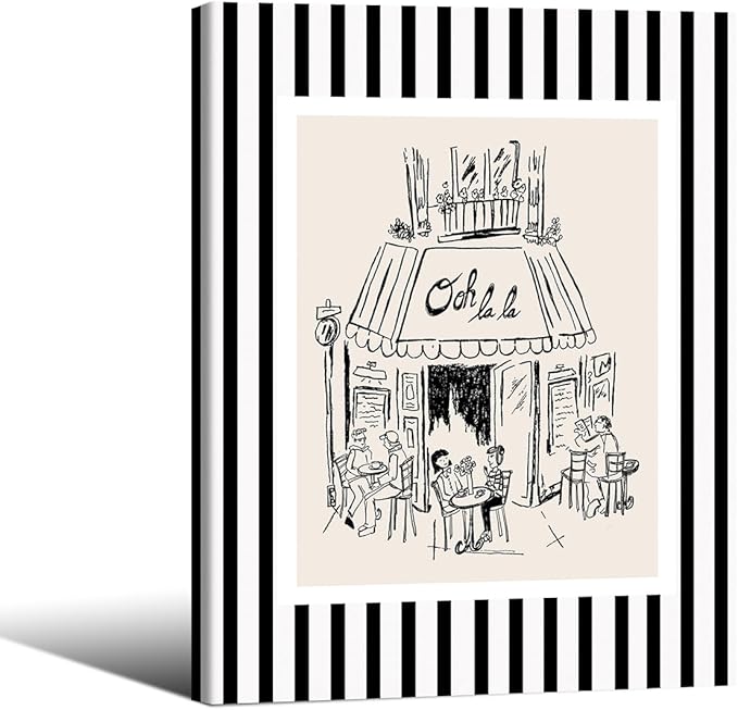 Black and White Stripe Sketch Wall Art French Paris Cafe Aesthetic Poster Funky Minimalist Canvas Prints 12X16 inch Framed for Kitchen Coffee Bedroom Wall Decor