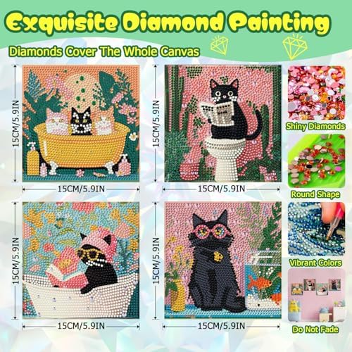 ICYANART 4 Pack Cat Diamond Art for Kids, Cat Diamond Art Kids Easy 6x6Inch - Image 3