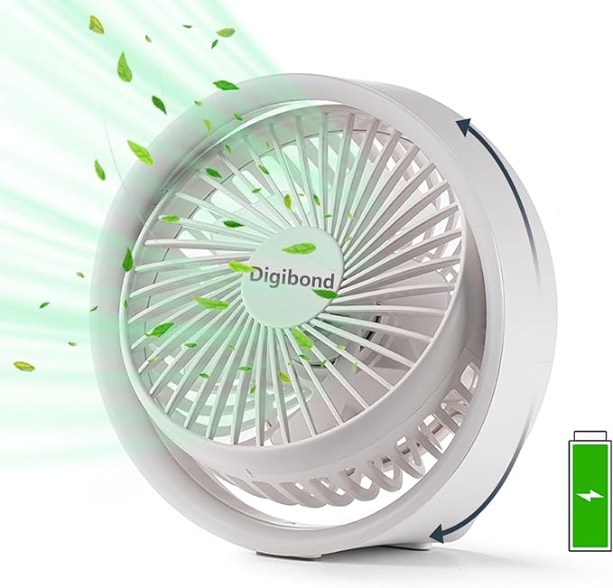 Small Desk Fan, Ultra Quite USB Fan Portable 3000mAh Rechargeable Battery Operate, High Power 3 Speed 5.3in With Ambient Light/Hook 180°Rotated Easy Clean (White)