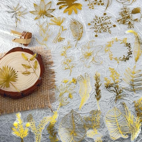 50PCS Boughs and Flowers Stickers Aesthetic PET Stickers Gold Stamp Decal Waterproof Decorative Decals for Scrapbook DIY Crafts Album Bullet Journal Planner Water Bottles Laptop Phone (Gold Stamp-C) - Image 4