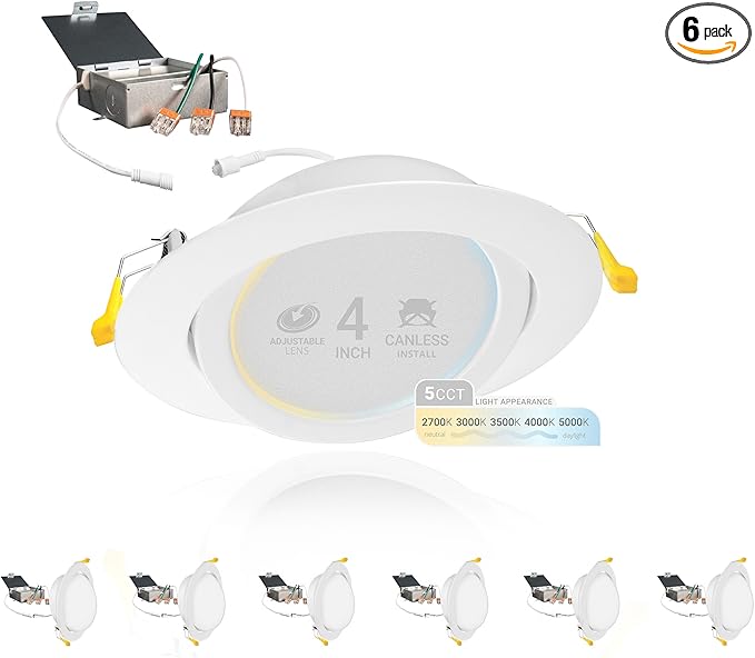 NUWATT 4 Inch Gimbal LED Recessed Lighting, 5CCT 2700K/3000K/3500K/4000K/5000K Selectable, 630 Lumen, Dimmable, Adjustable Canless Eyeball Lights for Sloped Ceilings, Metal Junction Box, 6 Pack