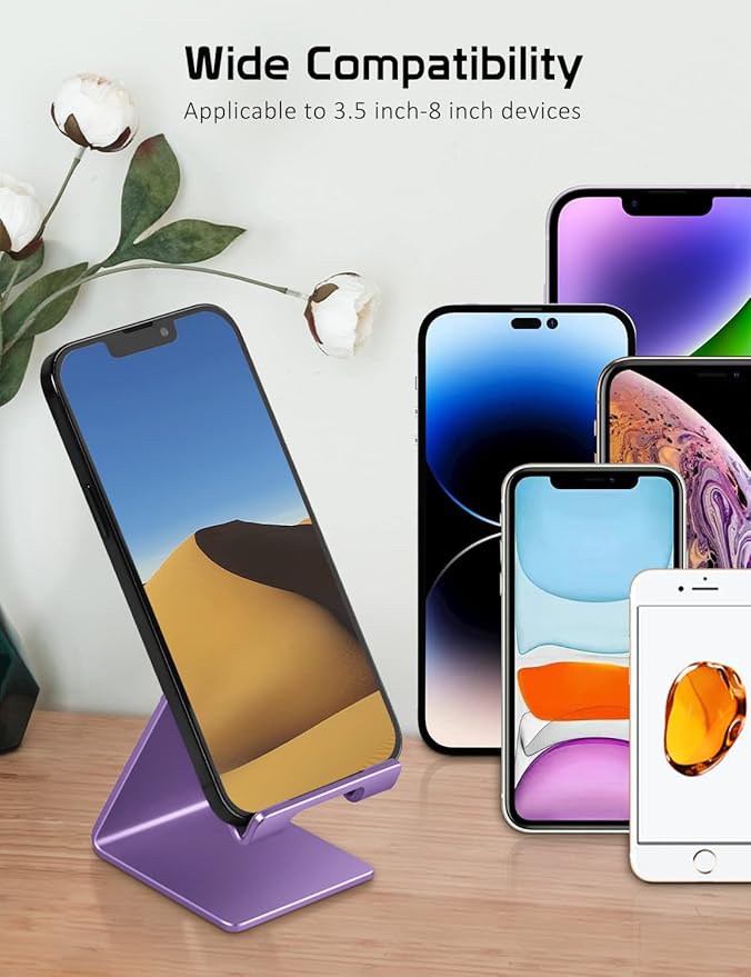 Phone Stand, Aluminum Phone Holder for iPhone 16 15 14 13 12 11 X 8 7 6 Plus 5, Tablet, Samsung, Huawei, Suitable for All Smartphones, Adding a Touch of Style to Your Office Decor, Purple
