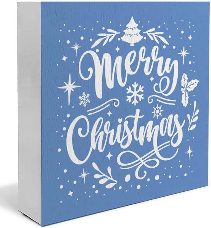Merry Christmas Wooden Box Sign, Farmhouse Christmas Tree Snowflake Xmas Sign for Home Office Table Shelf Decor, 5x5 Inch (Blue)