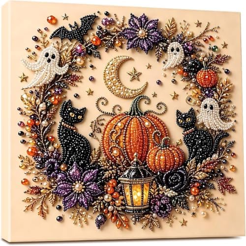 LAPUOTSP Halloween Ghost Pearl Art DIY Kit，Vintage Bead Embroidery Style Witch & Black Cat Ghost Pumpkin Rhinestone Canvas Art, DIY Gem Art Wall Hanging Decor, Unique Holiday Handcraft Gift by Unknown