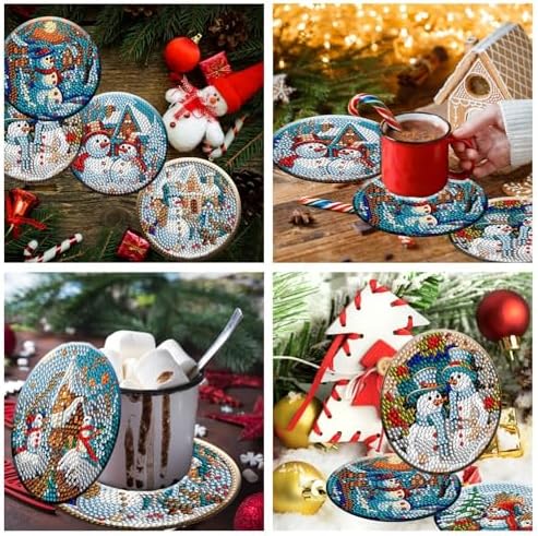 8 Pieces Christmas Snowman Diamond Coasters with Holder DIY Cute Christmas Snowman Diamond Art Coasters for Beginners Adults for Christmas - Image 6