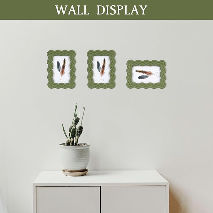 5x7 Picture Frame, Display Pictures 5x7 with Mat, Wavy Edge Wood Photo Frame for Tabletop and Wall Hanging, with Clear Plexiglass for Vertical or Horizontal Display, Green, 1 Pack