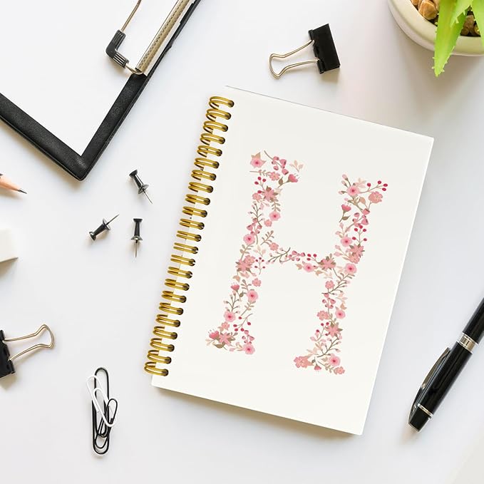 Pink Cute Spiral Notebook Journal, Preppy Floral Initial Letter H Personalized Journaling Notebooks, Monogrammed Gifts for Women Girls, Botanical Hardcover Spiral Lined Notebook 5.5 x 8.3