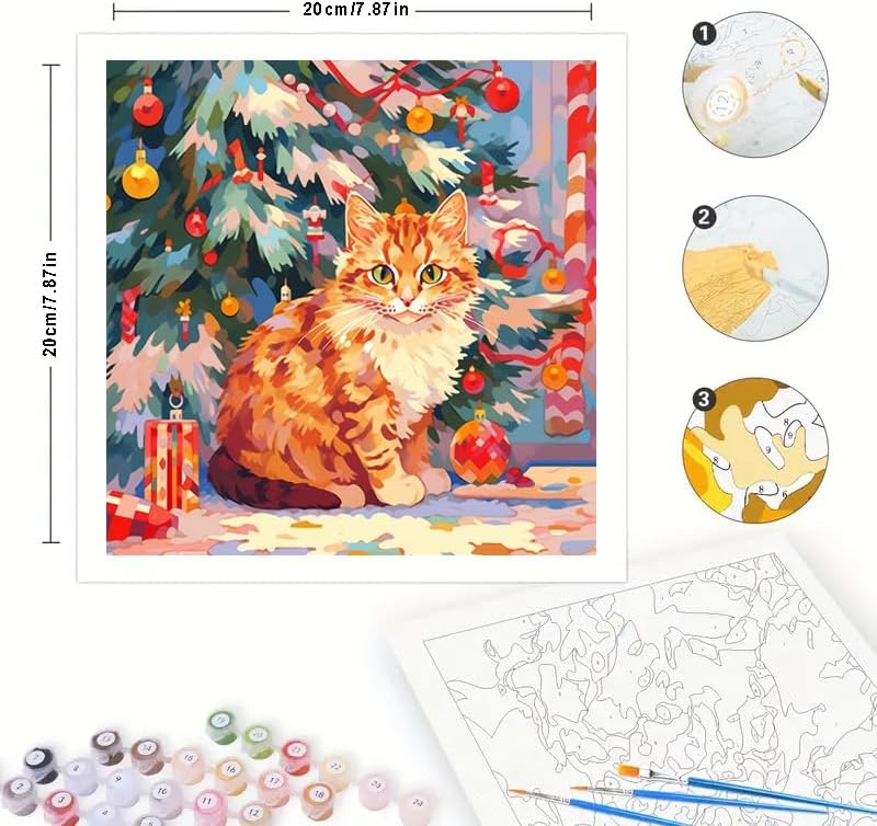 TAOPAOLAB Christmas Cat Digital Painting Kit for Adults - DIY Ginger Cat by Tree Oil Painting on Canvas 7.87x7.87in, Framed Acrylic Paint Kit, Good for Beginners, Holiday Home Decor or Gift Artwork - Image 2