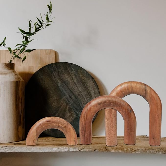 Homebia Designs Decorative Acacia Wood Arch Decor Set of 3 - Large - 6.5 Inch, Medium - 5 Inch, Small - 3 Inch - Natural