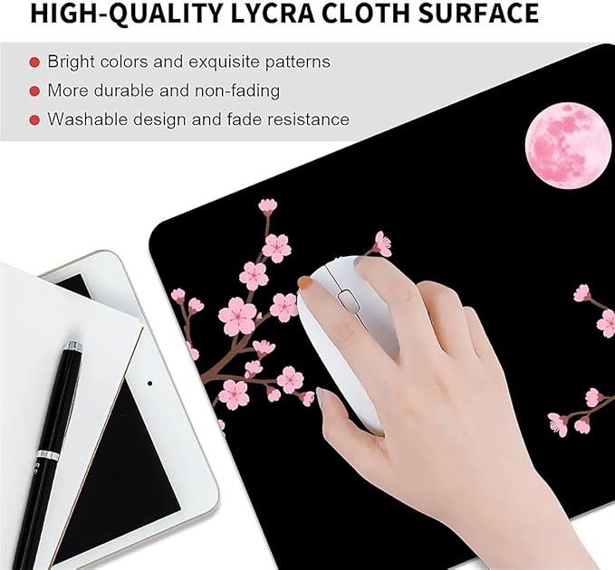 Square Mouse Pad Pink Cherry Blossoms Moon, Personalized Premium-Textured Custom Mouse Mat Design, Washable Mousepad Cloth, Non-Slip Rubber Base Computer Mouse Pads for Wireless Mouse