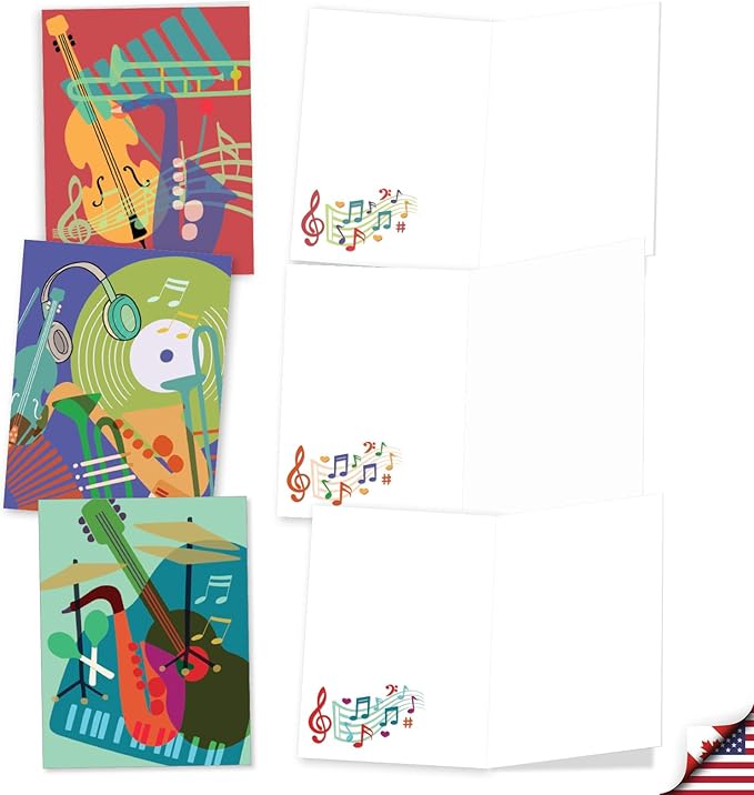 The Best Card Company 20 Assorted Blank Notes Bulk Box Set 4 x 5.12 Inch with Envelopes (10 Designs, 2 Each) Musical Notes AM10042OCB-B2x10