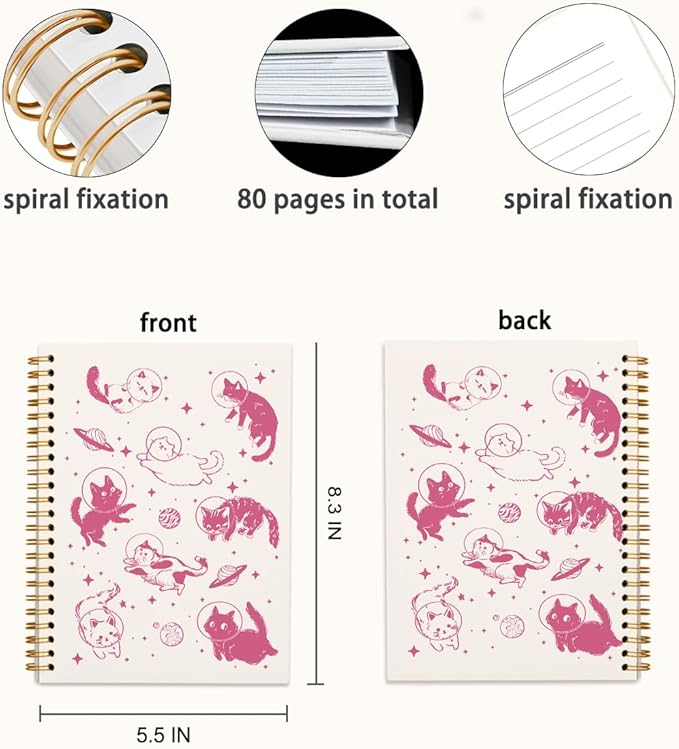 Cat Pink Spiral Notebook Journal, Women Cat Lovers Gifts, Aesthetic Journaling Notebook for Work Office School Supplies, Notebook for Note Taking, 5.5x8.3