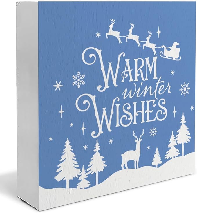 Warm Winter Wishes Christmas Wooden Box Sign,Christmas Desk Decor,Farmhouse Christmas Trees Santa Reindeer Xmas Wood Signs for Home Office Table Shelf Decoration,Winter Sign,5x5 Inch(blue)