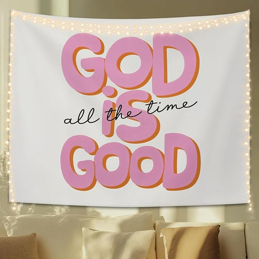 STHTTSW God Is Good All the Time Tapestry, Pink Christian Tapestries Wall Blanket, Retro Bible Wall Hanging Decor for Teen Girl Women Bedroom Home Church Prayer Room, 50x60 Inch