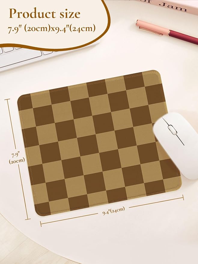 Cute Brown Mouse Pad,Retro Checkered Pattern Mousepad,Square Aesthetic Plaid Waterproof Grid Mouse Mat Design, Non-Slip Rubber Base Computer Funny Boho Small Mouse Pads, Desk Accessories