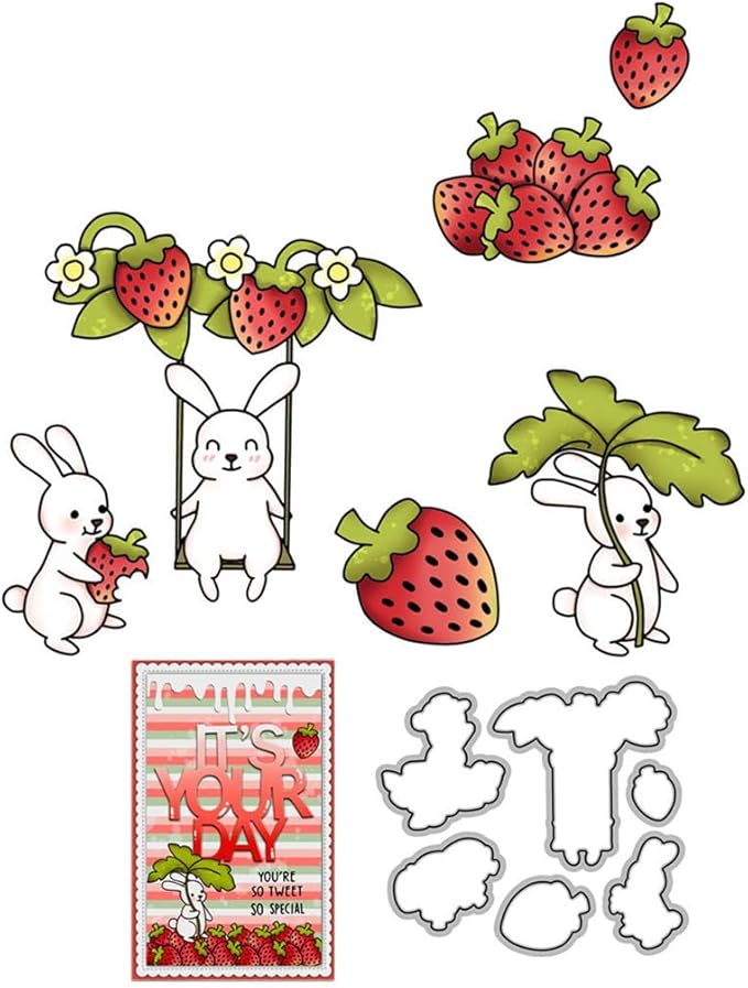 Strawberry Leaf Rabbit Stamps and Cutting Dies for Card Making DIY Transparent Silicone Clear Stamp and Metal Die Cuts Sets for Scrapbooking Paper Greeting Cards Decor Seals Craft Supplies