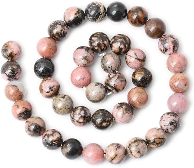 35PCS 10mm Natural Black Line Rhodochrosite Gemstone Smooth Round Loose Beads for Jewelry Making 1 Strand 15"
