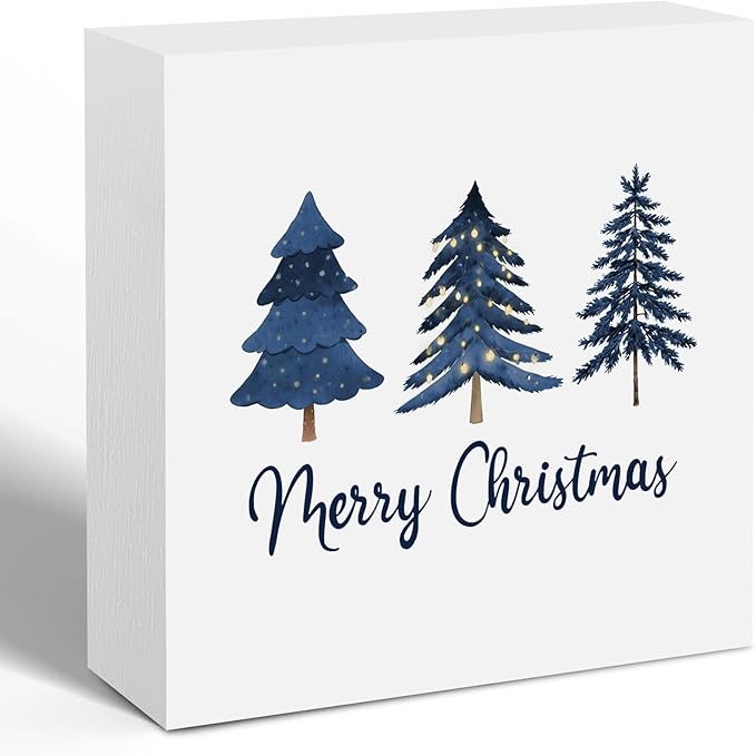 Navy Blue Christmas Tree Wooden Box Sign, Blue Christmas Decor, Rustic Merry Xmas Tree Winter Holiday Wood Signs for Home Office Desk Shelf Tabletop Decor, 5x5 Inch Decorative Signage