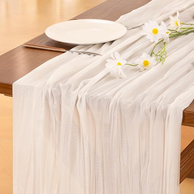 Socomi 15pcs Ivory White Cheesecloth Table Runner Valentine's Day Boho Rustic Gauze 120 inch 10FT Cheese Cloth Runner for Wedding Party Baby Shower Birthday Home Decor Holiday Decorations