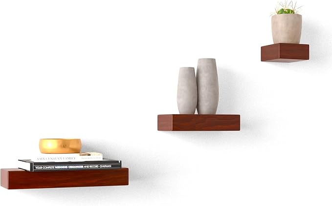 Solid Wood Size Variety Floating Wall Shelves Home Decor in Mahogany Color, Holds 30 Ibs Each Easy Installation for Living Room, Bedroom, Bathroom, Kitchen, and Office.