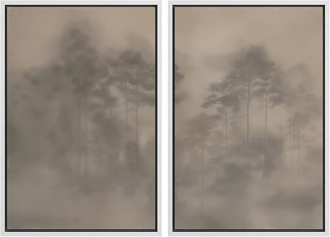 SIGNWIN Framed Canvas Print Wall Art Set Foggy Pine Forest Minimalist Monochrome Nature Illustrations Modern Art Scenic Colorful for Living Room, Bedroom, Office - 24"x36"x2 White