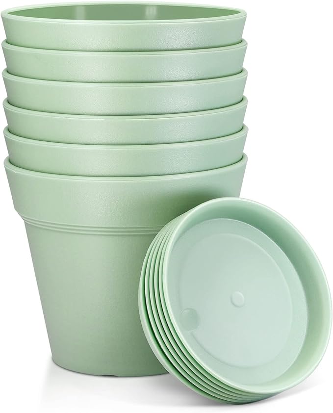 4 Inch Plastic Plant Pots 6 Pack, Small Flower Pots with Drainage Holes and Tray, Thickened Indoor Planters Seedlings Nursery Pots, African Violet, Succulent and All House Plants, Green